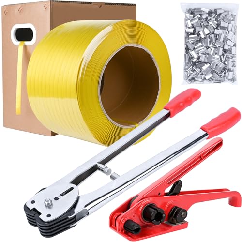 myfamirea heavy duty banding strapping kit with tensioner tool 1234 x 3500ft polypropylene plastic packaging strapping 300 metal seals sealer tool for pallets logistics warehouse red
