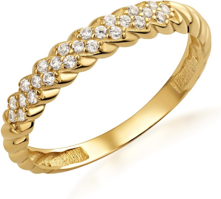 Gold 2.2mm Twisted Pave Set Cubic Zirconia Engagement Sparkling Band | 10K or 14K Yellow Gold | Available in Sizes 4-12