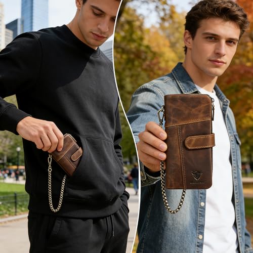 Image of Genuine Crazy Horse Leather Travel Gift Coin Pocket Card Case Long Organizer Chain Rfid Wallet Purse With Snap For Men Male 1803 1815 (1803 Light Brown)