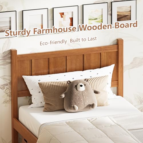 Image of Twin Size Vintage Bed Frame with Headboard, Farmhouse Wooden Platform Bed with Under-Bed Storage, Minimalist Modern Wood Grain Finish Bedframe for Bedroom (Light Walnut)