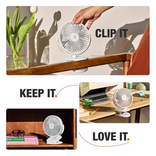 Image of Orient Electric Orbis Rechargeable Personal Fan | 360 Rotation | 1800 mAh Battery | 4 Speed Modes with Timer | Quiet Operation | USB Type-C Charging | Clip-On Mini Fan | Cloud White