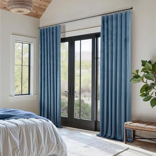 Image of Pitalk Light Blue Velvet Curtains 63 Inch Length for Boys Bedroom Kids Nursery Coastal Elegant Decor Texture Room Darkening Thermal Stone Vintage Blue Curtain for Office Kitchen Study Room 2 Panel Set