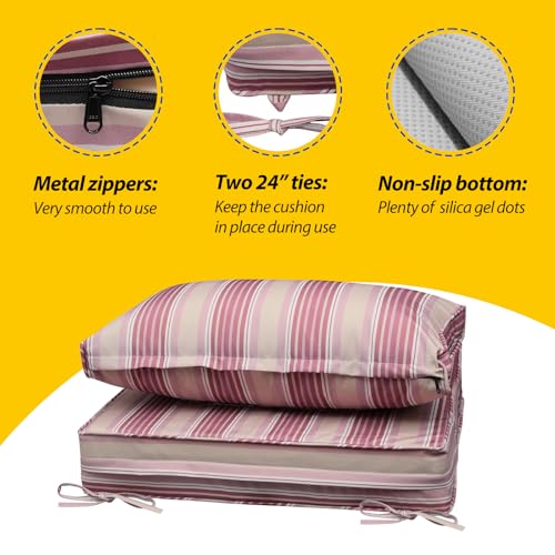 Image of AAAAAcessories Outdoor Seat Cushions for Chairs, Fade-Resistant, Waterproof Patio Furniture Replacement Cushions, 24 inch x 24 inch x 5 inch + 24 inch x 13.5 inch, Set of 2, Dusty Rose Garden Stripe