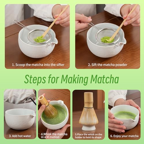 Image of Japanese Tea Set (7pcs) - Matcha Bowl With Pouring Spout, Bamboo Whisk (Chasen), Scoop (Chashaku), Whisk Holder, Tea Making Kit. N3, Lt. Grey