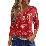 Weihnachts T Shirt Damen, Blusenshirt Damen 3/4 Arm, 3/4-Ärmel Weihnachts Top mit Glasbaum & Schneeflocken-Print V-Ausschnitt Knopfbluse Bequeme Festtagskleidung Rot L