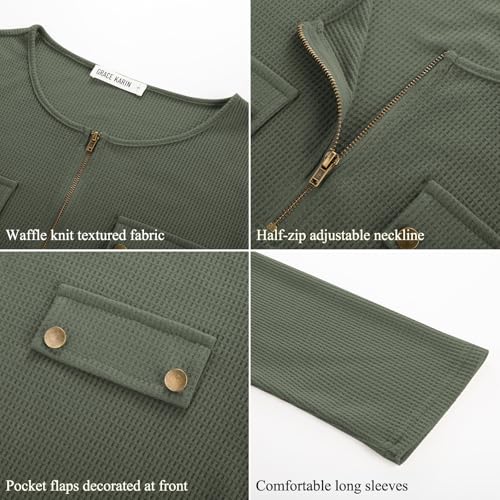 GRACE KARIN Waffle Knit Tops for Women, Long Sleeve Shirts Dressy Casual Tunic Tops, 2025 Fall Work Blouses with Zipper3