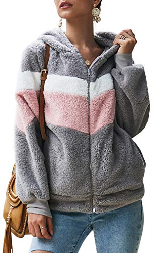 Leslady Veste Polaire Femme Pull Zippée Pullover Doublure Chaude Manteau Hiver en Fausse Fourrure Outerwear Col Montant Multicolore(XL, 1-Gris)