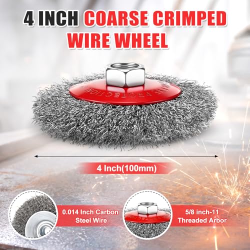 Image of Bokon 8 Pack 4 Inch Coarse Crimped Wire Wheel for 4 1 /2 Angle Grinder with 5 /8 Inch-11 Threaded Arbor - 0.014 Inch Carbon Steel Wire for Rust, Corrosion, Paint Removal