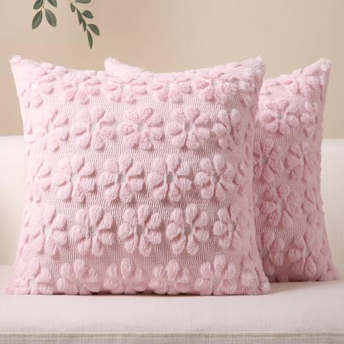 Softalker Spring Summer Throw Pillow Covers 18 x 18 Inch Set of 2 Farmhouse Decorative Floral Daisy Soft Faux Fur Cushion Covers 3D Pillow Cases for Couch Bedroom Living Sofa Room Home Decor Pink