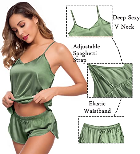 Image of SWOMOG Womens Silk Satin Pajamas Sets 4pcs Sleepwear Sexy Cami Shorts Set and Button Down Short Sleeve Pjs Loungewear Matcha Small