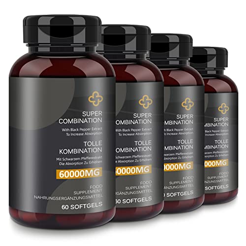 Kurkuma Curcuma Extrakt, 60000mg Hochdosiert mit Curcumin und Piperin, Ohne Zusätze, 60 Softgels (4er Pack) Cover