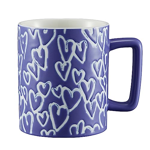 14oz/400ml Porcelain Coffee Cup, Ceramic Large Tea Cup Milk Mug, Large Capacity Belly Mug with Heart Shaped Pattern Design,Use for Latte,Cappuccino,Gifts for Couple, Dishwasher&Microwave Safe(Blue)