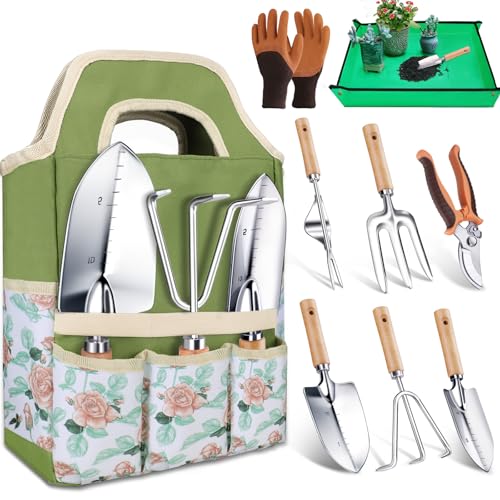Kynup Robuste Gartenhandwerkzeuge, 9-Teiliges Gartenwerkzeug-Set, Gartenset aus Edelstahl, Rostfreies Geschenkset mit Robuster Aufbewahrungstasche, Ergonomischer Anti-Rutsch-Griff