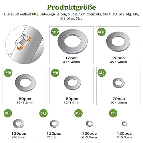 Dalifer Unterlegscheiben-Set aus Edelstahl, 684-teilig, flache Unterlegscheiben, Sicherheitsscheiben-Sortiment-Set, mit einem Sortimentskasten, insgesamt 9 verschiedene Größen M2 M2,5 M3 M4 M5 M6 M8