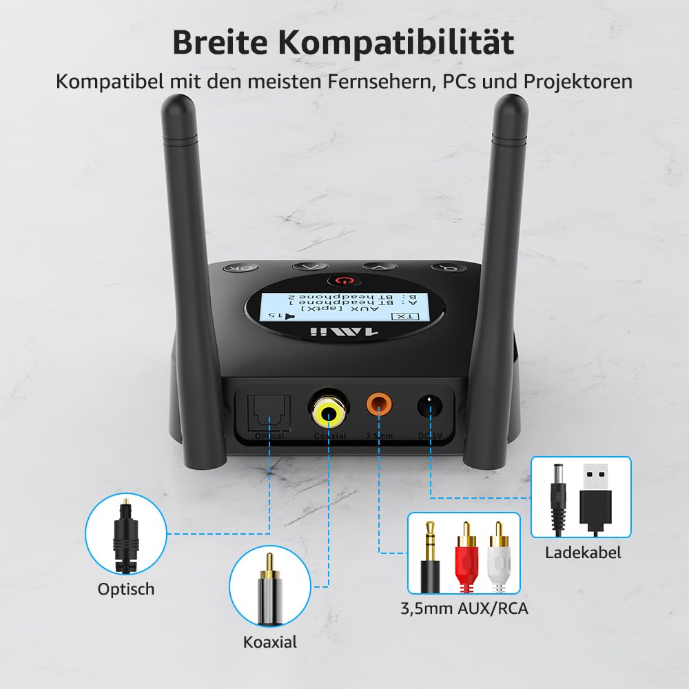 1Mii B06TX+ Bluetooth 5.3 Transmitter für TV mit Display, aptX Adaptive/HD/LL, Dual Link für 2 Kopfhörer, PC & Projektor, hohe Reichweite, Optical 3.5mm RCA Koaxial