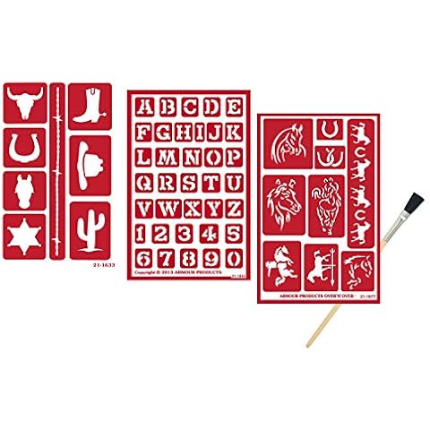 3 Armour Etch Over N Over Wiederverwendbare Glasätzschablonen Set | Pferd, Western und Südwestern Schriftarten | Set enthält Pinsel, insgesamt 4 Stück Cover