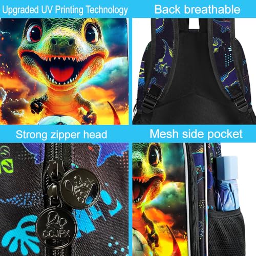 Image of 3Pcs Dinosaur Backpack for Boy, 16 inch Soccer Bookbag for Elementary Preschool Kindergarten, Kids School Backpacks with Lunch Box (Black)