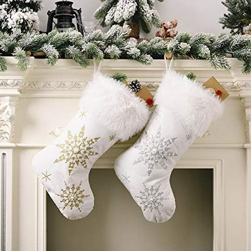 IngTall 2 Pack White Christmas Stockings, 20 Inch Gold and Silver Embroidery Snowflake Stockings with Faux Fur Cuff for Fireplace Hanging Tree Ornaments Christmas Decoration