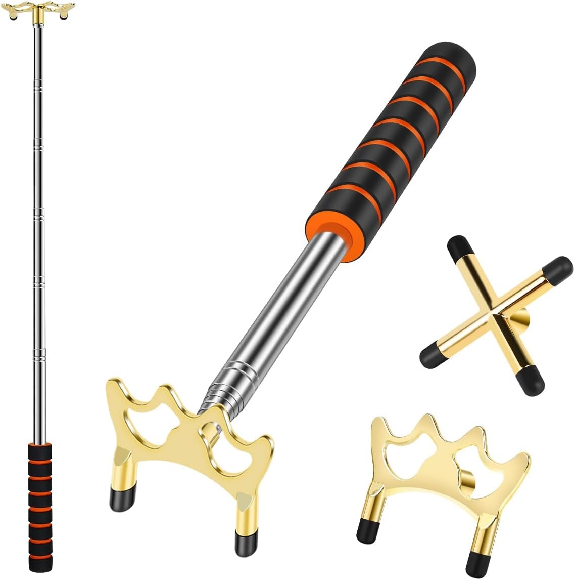 KAYIN Retractable Billiards Bridge Stick, 12.8" to 60" Telescopic Pool Rest with 2 Interchangeable Brass Heads (Cross & Low), Professional Snooker Cue Extension Accessories