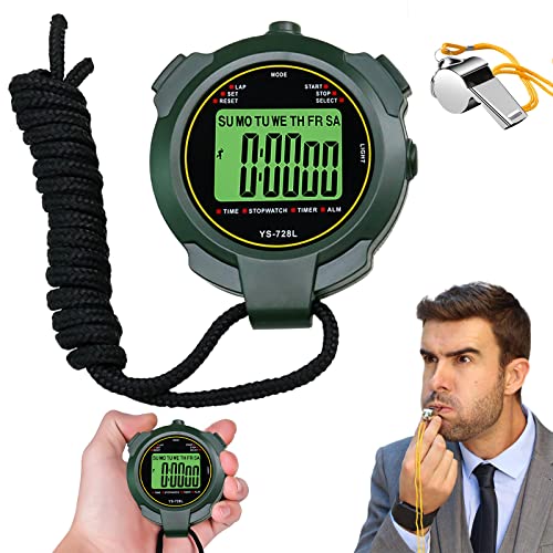 Chronomètre de Sport: chronomètre de Sport numérique avec sifflet en Acier Inoxydable, chronomètre à Main numérique étanche avec Horloge, minuterie de précision 1/100 Secondes, chronomètre numérique