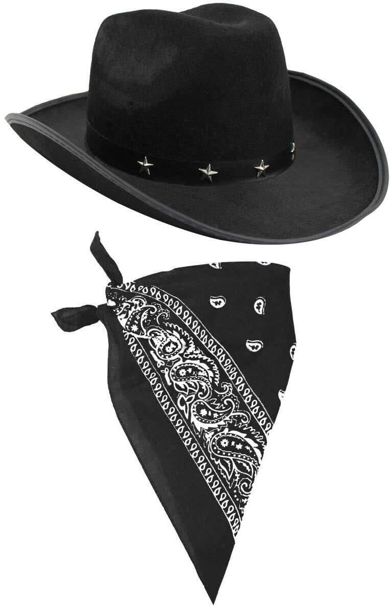 I LOVE FANCY DRESS Cowboy Hat & Cowboy Neckscarf Accessories. Black Star-studded Cowboy Hat & White Bandana. Wild West Western Sheriff