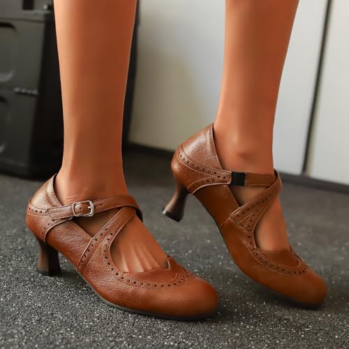 Women's Vintage Wingtip Oxfords Ankle Strap Cut Out Low Heel Brogue for Women3