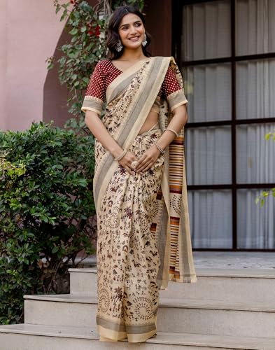 Image of SIRIL Women's Cotton Printed Saree with Unstitched Blouse Piece