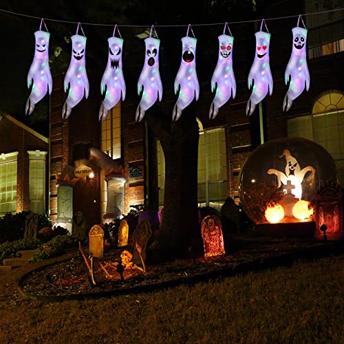 2x Halloween Geist Windsäcke Mit LED - 46cm Geister Deko Für Outdoor | Gruselige Partydekoration