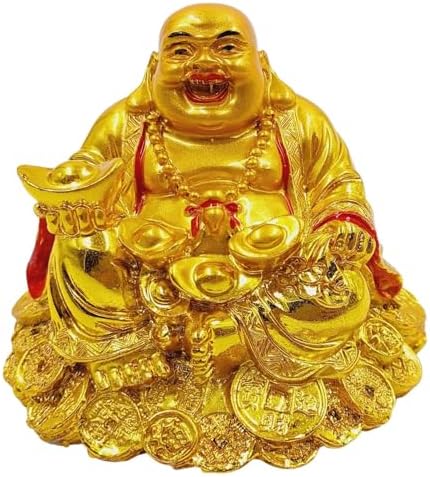 Resin Laughing Buddha with Money Bowls for Good Luck Feng Shui Items for Good Luck for Home House Office Shop, 7 x 5 Cm, Golden