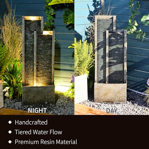 Image of 35 inch Modern Double Column Waterfall Fountain Outdoor Garden