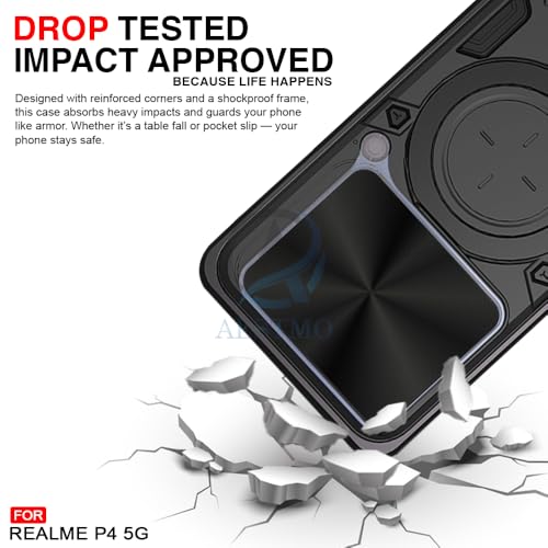 Image of AESTMO Tough Armor Realme P4 5G Bumper Back Case Cover | Ring Holder & Sliding Camera Shield Cover | 360 Degree Protection Back Case Cover for Realme P4 5G (D20 Black)
