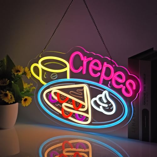 Image of Crepes Neon Sign, Neon Lights Hanging Wall Art Decoration for Business Restaurant Shop Store House Bar Cafe Party Home Decor, USB Powered Ultra Bright Dimmable,16.14x10.63inches
