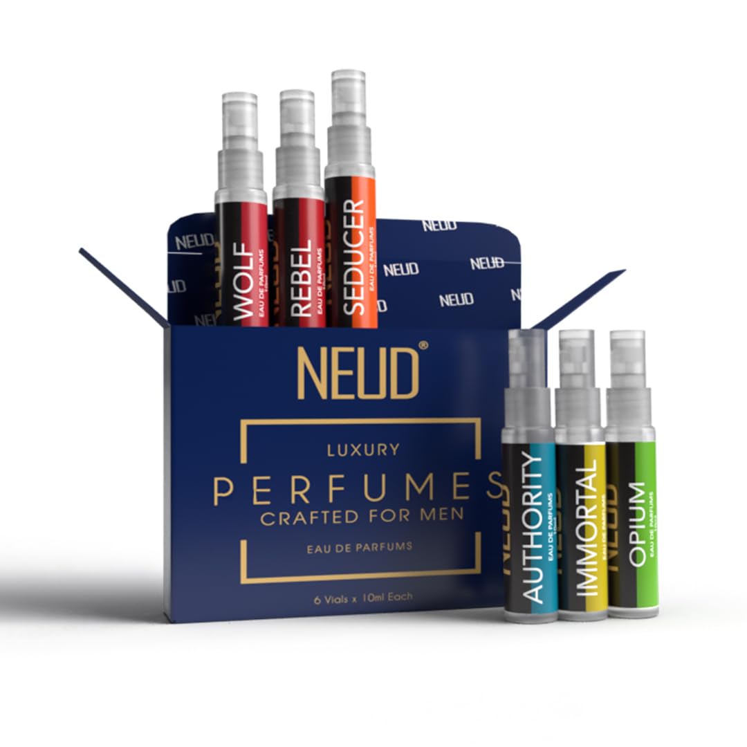 NEUD Luxury Perfume Gift Set 6 x 10 ml for Men | Eau De Parfums | Amber, Vanilla, Citrus, Aquatic, Cedar, Sandalwood Scent | Long Lasting Fragrance EDP Set