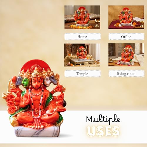 Image of Resin Hanuman Ji Murti Panchmukhi Hanuman For Door Entrance Temple Home & Office Decor Living Room Decoration Gift For New House Warming Ceramony Balaji Idol Evil Eye 6.3 cm Orange