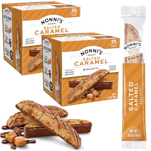Nonni's Salted Caramel Milk Chocolate Biscotti Cookies — Individually Wrapped Italian Coffee Snack, Crunchy Twice-Baked, 90 Cal Each, 21 oz Carton, 2 Pack