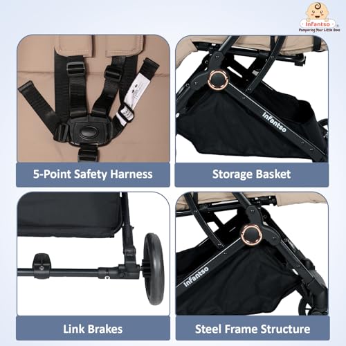 Image of Infantso RIDE-X Baby Stroller / Pram for Baby with 5 Point Safety Harness, Multi Level seat Recline & Spacious Cushioned seat, One-Hand Fold and 360 Rotating Wheels, Travel Friendly, Extendable Canopy, Adjustable Footrest, Shock Absorption Wheels, Lightweight Stroller for 0 to 3 Years (Beige)