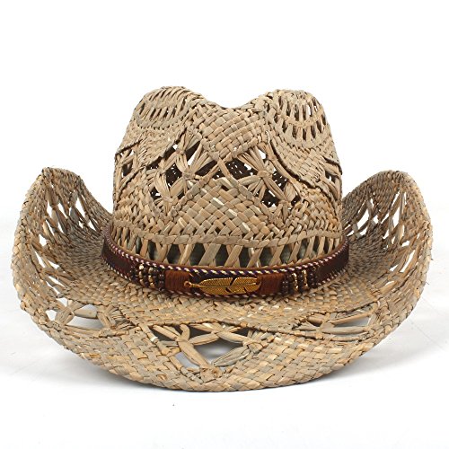 XACQuanyao pour Les Femmes Hommes Paille Mode Été Western Cowboy Chapeau Roll-up Large Bord Cowgirl Jazz avec Bohême Ruban (Couleur : Noir, Taille : 56-58cm)