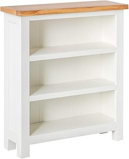 Farrow Small Living Room White Bookcase for Small Spaces | Roseland Furniture Contemporary Low Painted Pine Solid Wooden Childrens Bookshelf with 3 Shelves with Oak Top for Bedroom or Hallway