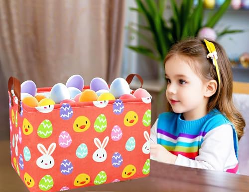 Image of Rectangle Empty Easter Baskets Boy Large Toy Storage Bin Girls collapsible Hamper Waterproof Canvas Box Kid Gifts Spring Decor( Yellow Chicken Rabbit Egg )