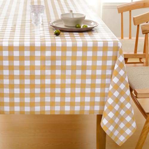 Romanstile テーブルクロス ビニール 撥水 PVC 厚手 チェック テーブルカバー 長さ調節 おしゃれ 防水 防油 防カビ 汚れ防止 お手入れ簡単 格子柄 (ブラウンチェック柄, 140x220cm)