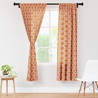 Encasa Homes Semi-Sheer 56x54 in Drop Long Rod Pocket Curtains, Chevron 1 Beige, Light Filtering Polyester Curtain with Tie Back for Bedroom Living Room, Botanical Floral Pattern Drapes, 2 Panels