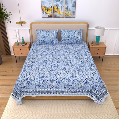 Image of India 100% Pure Cotton Jaipuri Printed Double Bedsheet with 2 Pillow Covers | Traditional Sanganeri Floral Design | Soft Breathable Fabric | King Size Bedsheet for Bedroom (Kaya46)