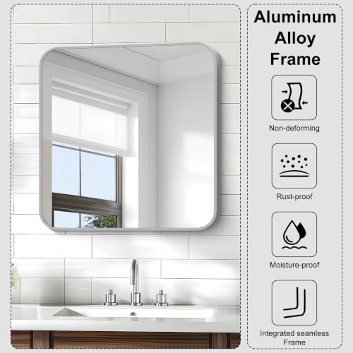 Image of KOCUUY Silver Bathroom Mirror, 24x24 Inch Bathroom Mirror for Over Sink, HD Tempered Glass, Anti-Rust Brushed Silver Frame, Rounded Corner Modern Design for Bathroom, Hang Horizontal /Vertical