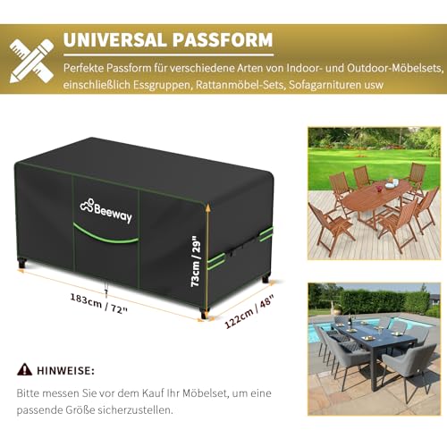 BEEWAY Gartenmöbel Abdeckung Wasserdicht V2.0 183x122x73cm, Schutzhülle Abdeckplane für Gartentische Terrassenmöbel Möbelsets - 420D Oxford Gewebe, Anti-UV, Winterfest