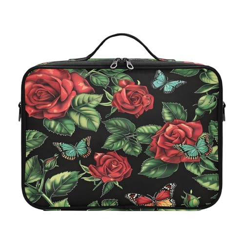 zyrtty Travel Makeup Train Case Red Rose Butterfly Pattern Cosmetic Organizer Portable Storage Bag with Adjustable Dividers for Cosmetics Brushes Toiletry Jewelry Digital Accessories
