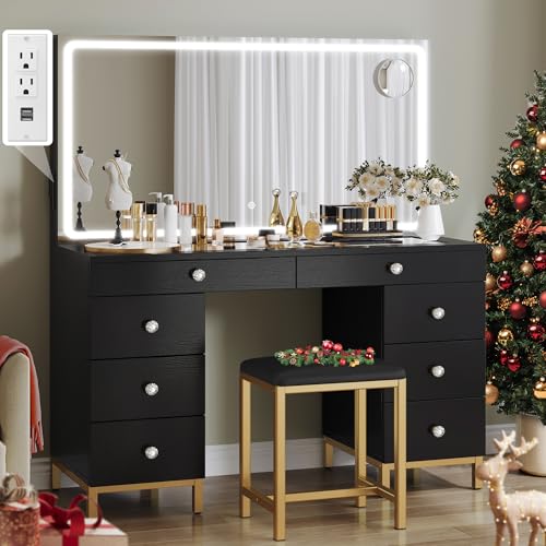 DWVO Vanity Desk with Led Lighted Mirror, Power Outlet and Magnifying Glass, 8 Drawers Makeup Table, 3 Color Modes for Bedroom and Dressing Room, Black