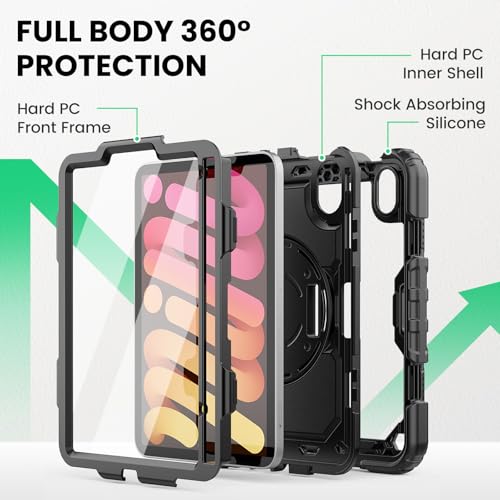 SEYMAC Case for iPad mini 7 (A17 Pro) 2024/ Mini 6 8.3″, Full-Body Shockproof Protective Case with Screen Protector, 360° Rotating Stand, Hand/Shoulder Strap for iPad mini 7th/ 6th Generation, Black by SEYMAC stock - Image 5