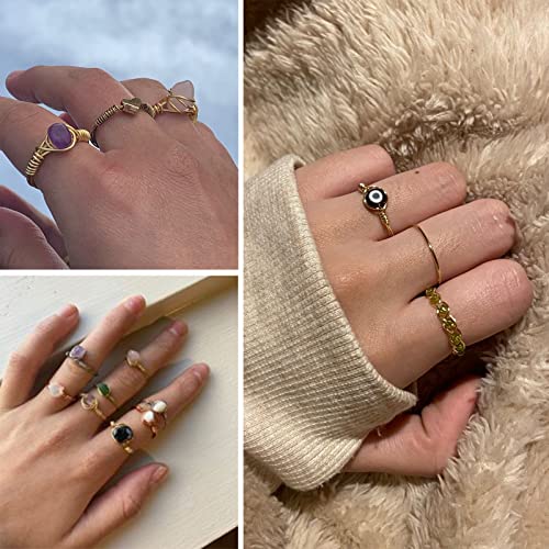 9 PCS Healing Crystal Ring, Adjustable Wire Wrapped Rings Irregular Gemstone Rings Set for Women2