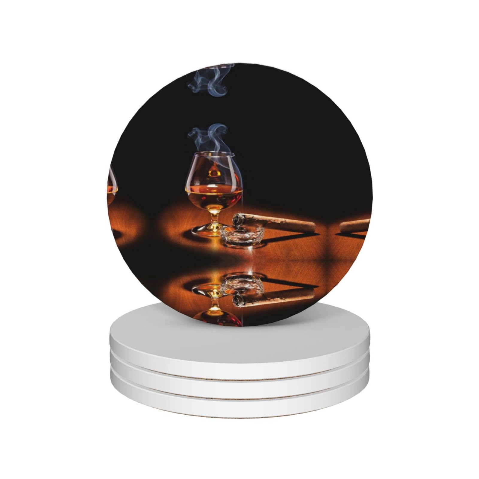 4 Circular Cigar And Whiskey Coasters, Ceramic Home Decor Coasters With Anti Slip Cork Base, Tea And Coffee Coasters, Christmas Coasters.