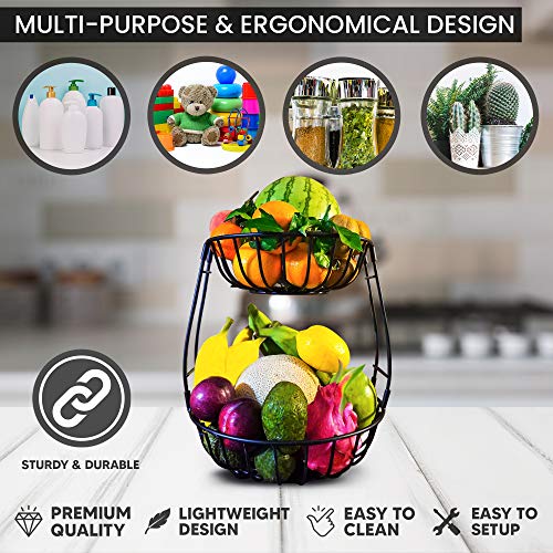 Kitchen Fruit Basket Stand 2 Tier – Tiered Fruits, Vegetable Holder For Kitchen Countertop Modern – Produce Storage Organizer, Fruit Bowl, Snack Rack, Screws Free Design Produce Bin - Black #TOP5